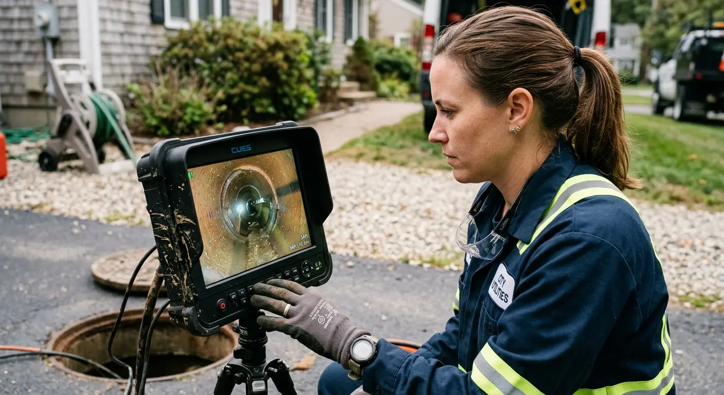 Technician reviewing sewer camera inspection footage in Riverside
